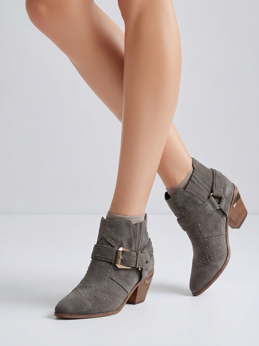 Aldo Suede Studded Booties with Gold Trim.
